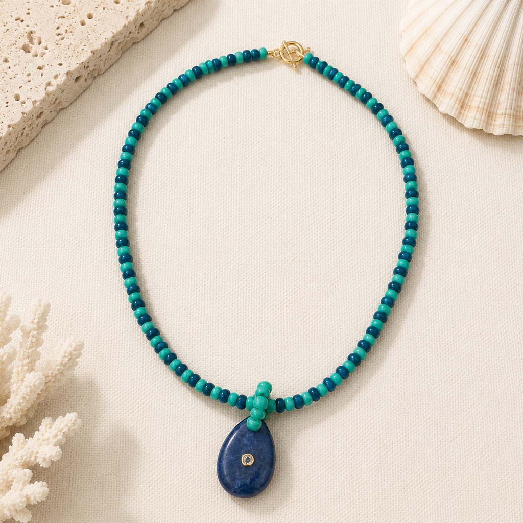 Multi green beaded necklace with navy pendant
