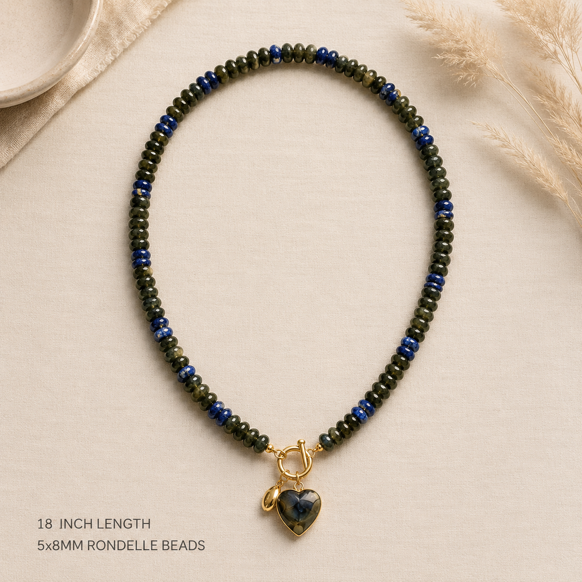 Multi dark green and navy beaded necklace with pendant