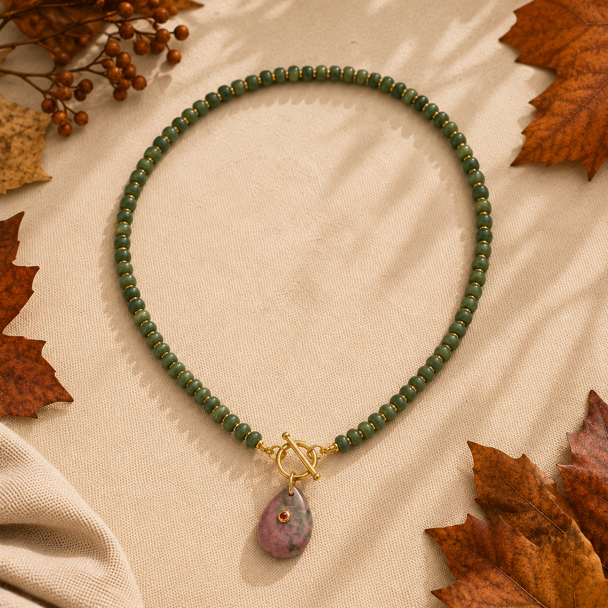 Green stone with multi pink and green pendant necklace