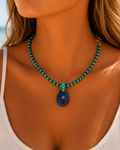 Multi green beaded necklace with navy pendant